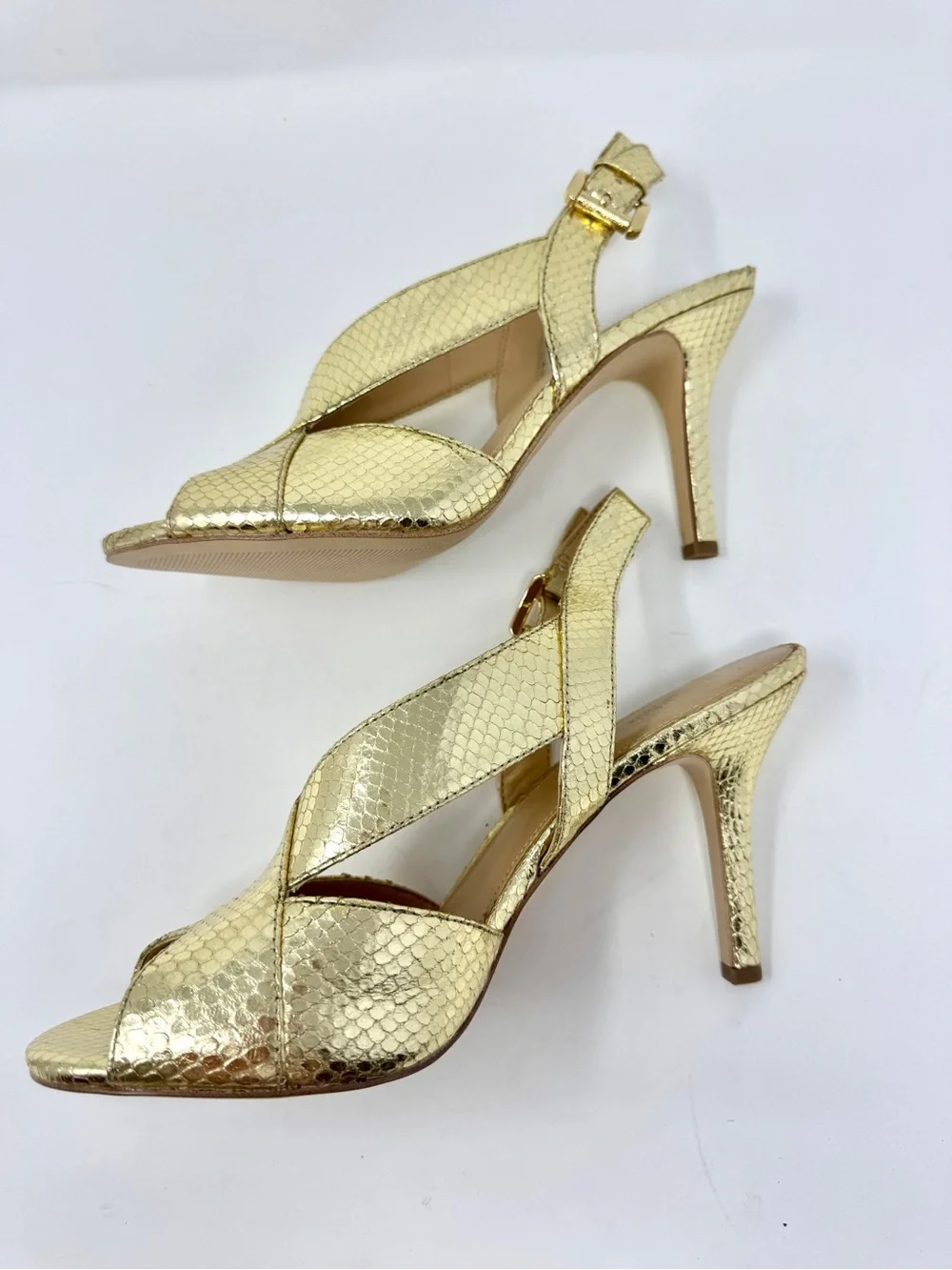 Michael Kors Gold Metallic Snake Embossed Slingback Heels Sandal Size 10 - Picture 4 of 10